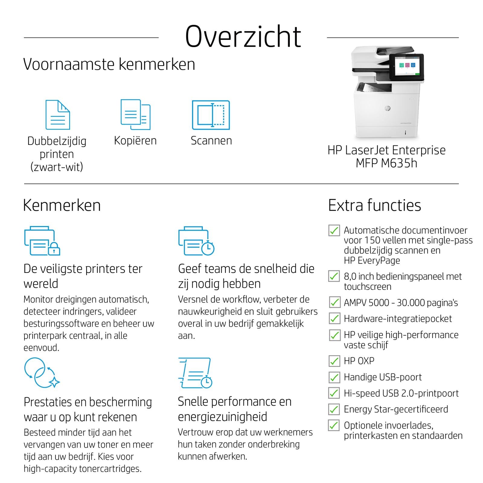 HP LaserJet Enterprise M636fh Multifunction Zwart-wit Printer, Alleen Ethernet; Kopieerapparaat, scanner