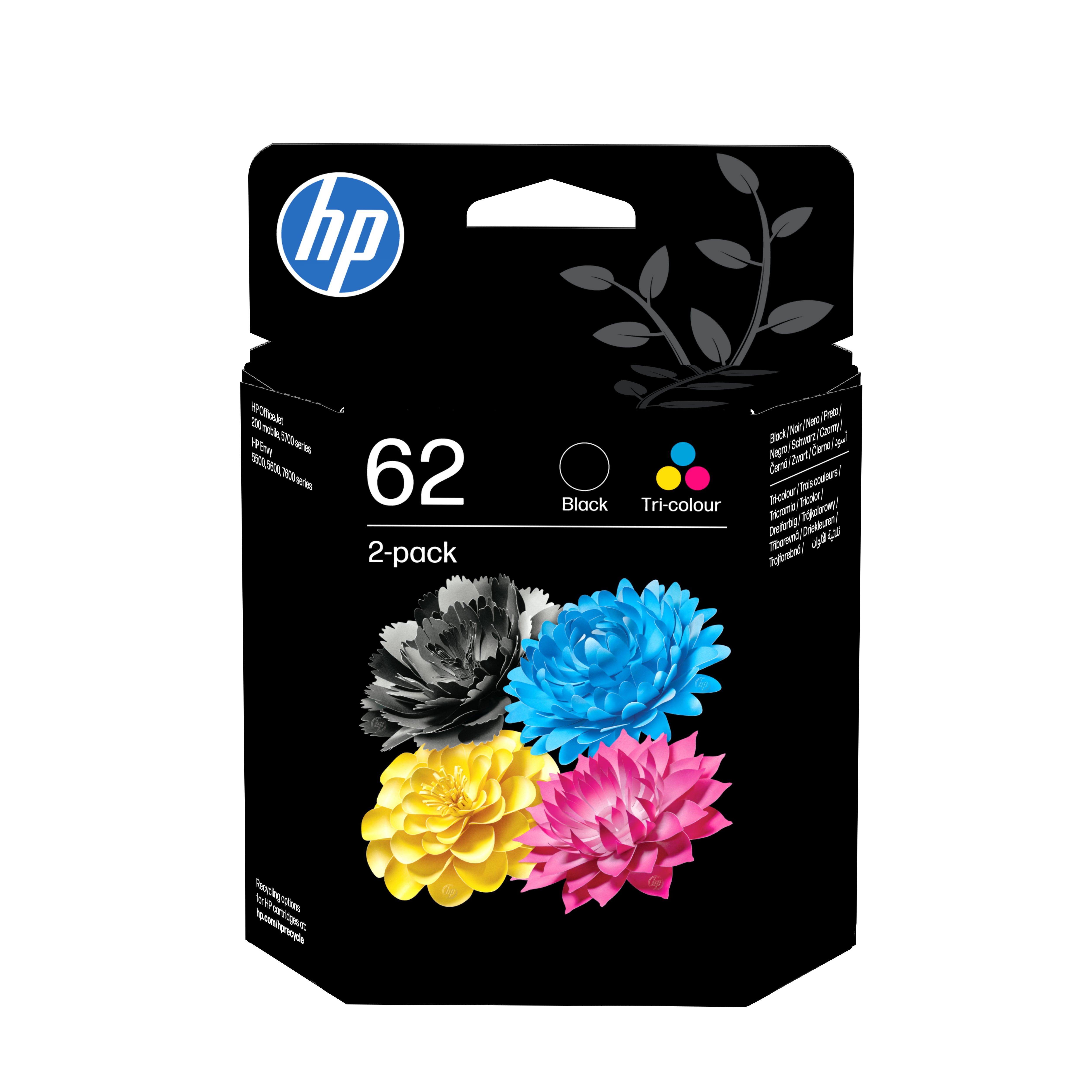 HP 62 originele zwarte/drie-kleuren inktcartridges, 2-pack
